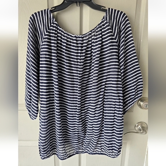 J Crew Sheeer Blouse  Medium Women Navy Blue White Striped Cotton See Thru - Picture 11 of 13